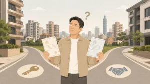 房東手持兩份合約，站在岔路口，不確定包租代管和代租代管哪種適合自己